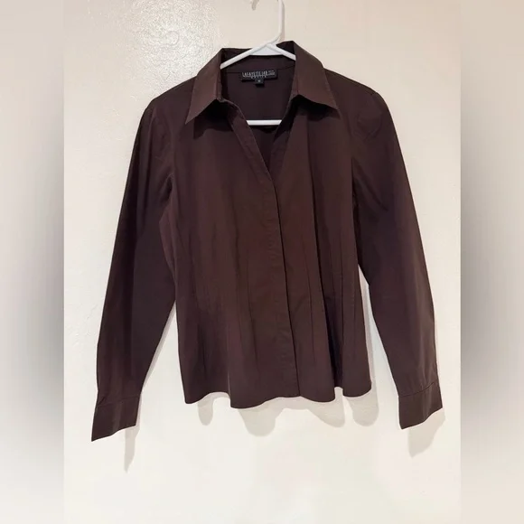 Lafayette 148 Brown Button-Up Cotton Blend Workwear Blouse Shirt size 10 - Picture 3 of 11